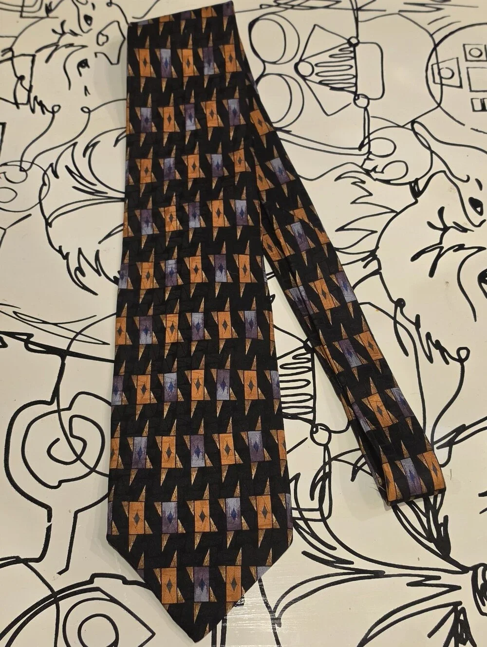 Vtg XMI Mark Shale Mens Silk Tie Geometric Black Orange Blue USA Handmade